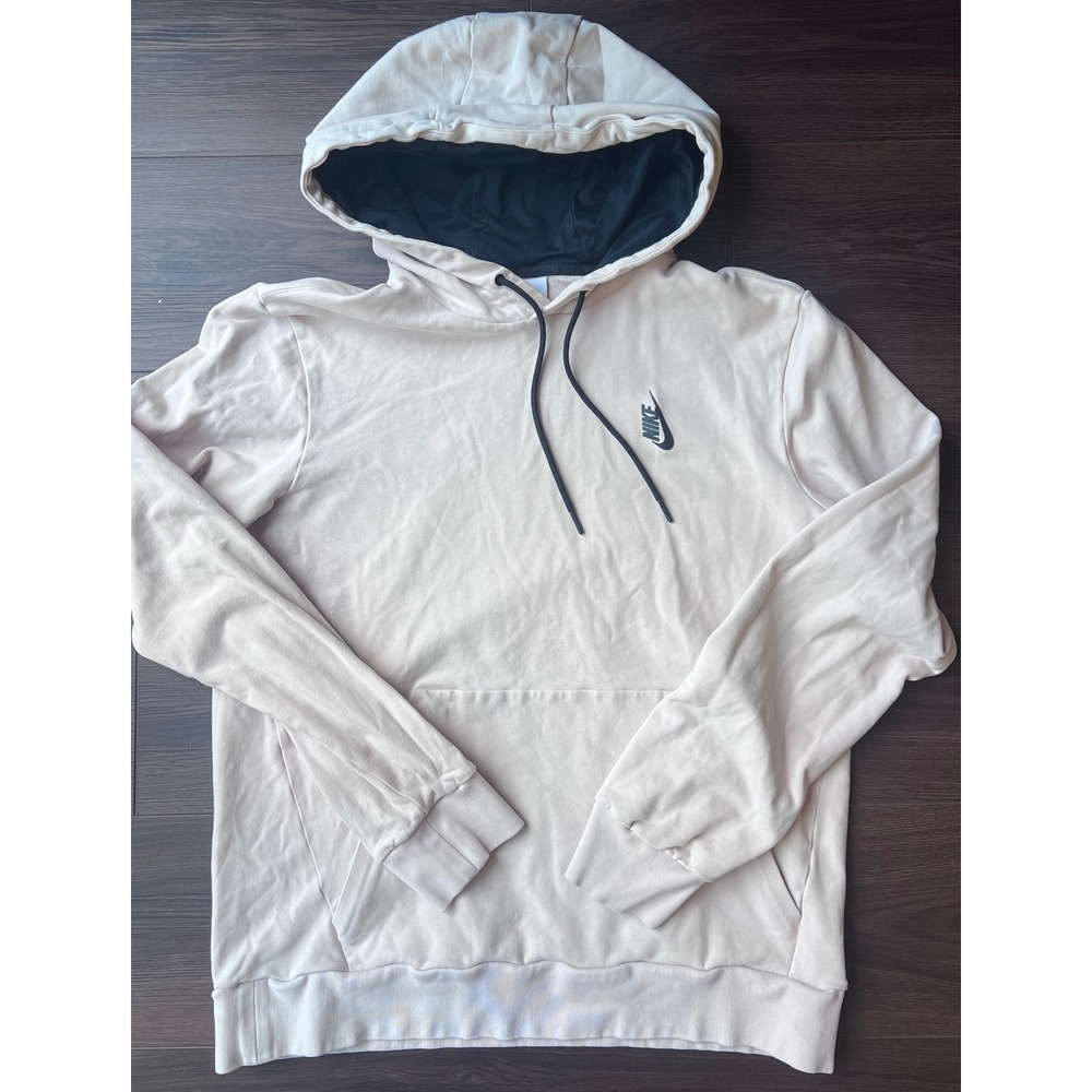 Nike Sportswear Men Hoodie Beige Black Logo Pullover Sweatshirt Medium
